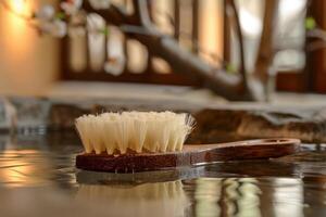 Natural bristle body brush floating in spa water with blurred background photo