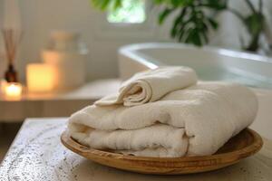 Clean folded towels resting on wooden tray in hotel spa bathroom photo