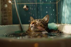 Tabby cat enjoying bath time in a sink photo