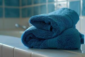 Two blue towels folded on bathroom countertop photo