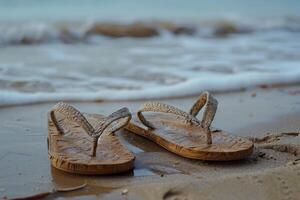 Pair of flip flops resting on the sand of a beach waiting for their owner photo