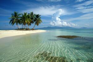 Crystal clear water surrounding tropical island with palm trees photo