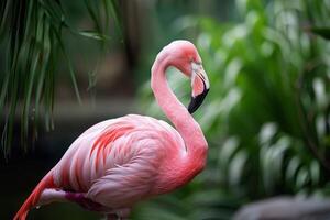 Pink flamingo standing gracefully in tropical greenery photo