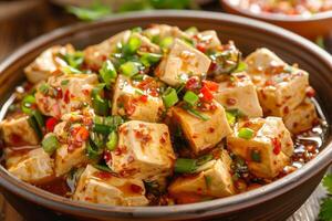 Mapo tofu garnished with chopped scallions being served in brown bowl photo