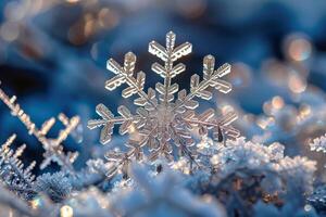 Close up of intricate snowflake resting on snowy surface photo
