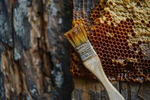 Beekeeper's tools resting on rustic wood with honeycomb background photo