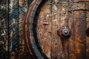 Old wet wooden barrel showing the rustic surface of wood photo