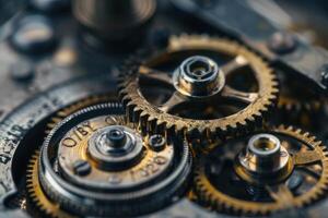 Intricate clockwork mechanism showing gears working together photo