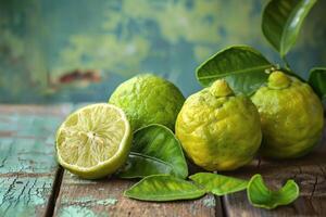 Bergamot and limes resting on rustic tabletop photo