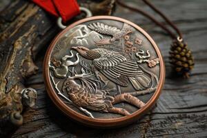 Round copper medallion showing birds perched on branch photo