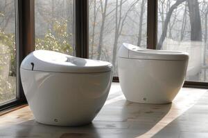 Two modern toilets by window overlooking forest photo
