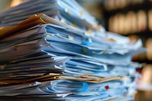 Stack of documents piling up on a desk photo