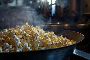 Steaming bowl of popcorn overflowing in a restaurant kitchen photo