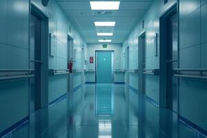 Empty hospital corridor reflecting on shiny floor in modern clinic photo