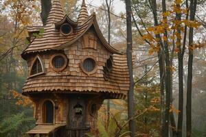 Whimsical treehouse nestled in autumnal forest canopy photo