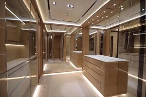 Modern and luxury walk in closet featuring bright lighting and wooden cabinets photo