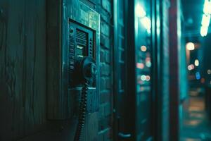 Intercom system hanging on wall with turquoise light at night photo
