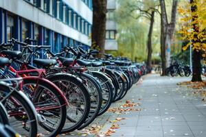 Many bikes parked in row on sidewalk near university building photo