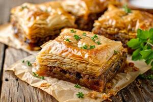 Delicious baklava sitting on rustic wooden table photo