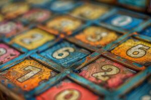 Old weathered bingo board showing colorful numbers with shallow depth of field photo