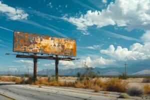 Rusty billboard showing neglect along deserted highway photo