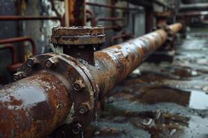 Water dripping from rusty pipe in abandoned factory photo