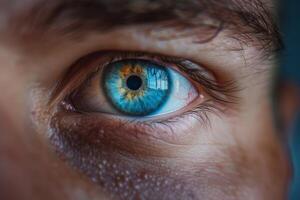 Man is looking up with bright blue eye and reflection photo