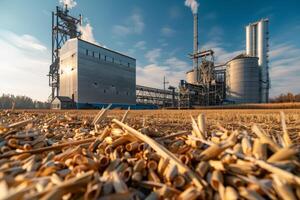 Harvested rapeseed field with biofuel refinery processing plant in background photo