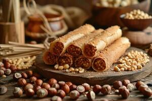 Sweet crispy waffle tubes filled with hazelnut paste are lying on wooden board photo