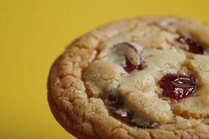 Close up of a freshly baked cookie with cranberries and chocolate chips photo