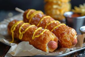 Two corn dogs lying on a metal tray drizzled with mustard and salt photo