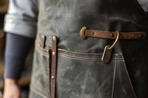 Craftsman wearing a leather workshop apron with tools photo