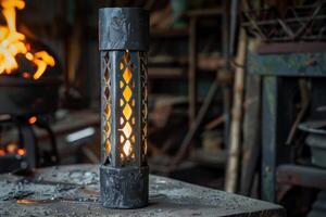 Black metal lantern standing on workbench with burning forge in background photo