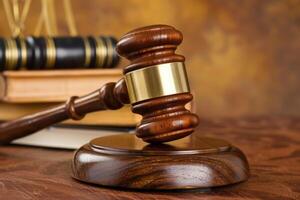 Wooden judge gavel resting on sound block in a courtroom setting photo