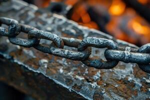 Close up of large metal chain resting on rustic metal surface with fire in background photo
