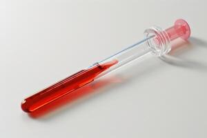 Plastic pasteur pipette containing red liquid on white background photo