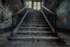 Crumbling staircase leading to broken window in abandoned building photo