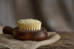 Dry massage brush with natural bristles resting on rustic wooden table photo
