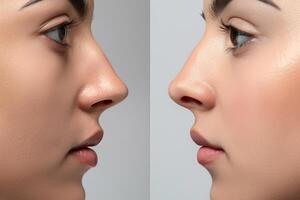Woman showing before and after rhinoplasty results, profile view photo