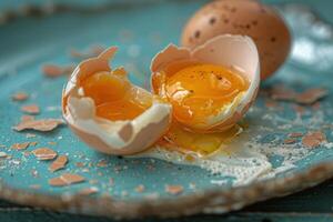 Broken soft boiled egg with flowing yolk on rustic plate photo