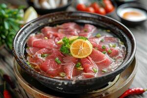 Thinly sliced beef marinating in aromatic broth with lemon and herbs photo