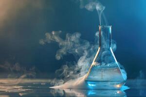 Chemical reaction creating smoke from erlenmeyer flask in laboratory setting photo