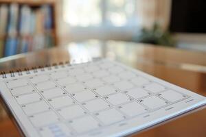Open calendar showing empty dates sitting on glass table photo