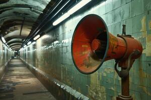 Old rusty loudspeaker hanging in abandoned subway tunnel photo