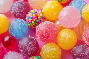 Assorted colorful candy balls on a pink background create a vibrant and tempting sugary treat arrangement photo