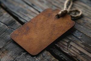 Blank leather label with string on rustic wooden table photo