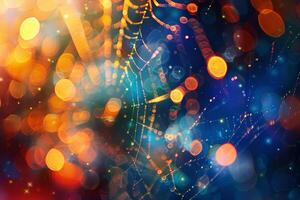 Spiderweb covered with dew drops reflecting colorful bokeh lights photo