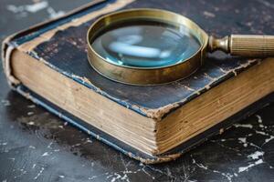 Magnifying glass resting on ancient book exploring history and knowledge photo