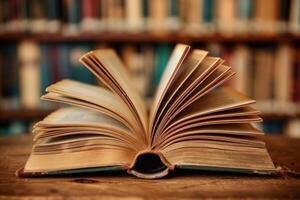 Open book resting on wooden table in library setting photo