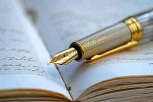 Elegant fountain pen lying on an open notebook, writing instrument for journaling and creative expression photo